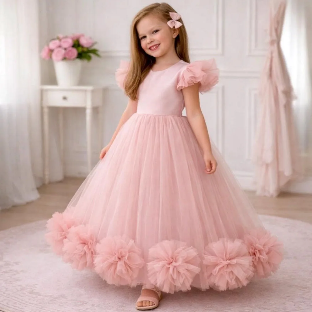 Maßgeschneidertes Blumenmädchenkleid aus rosa Satin-Tüll, bauschig, mit Schleife, für Hochzeit, Geburtstag, Party, Abschlussball, Bankett, Prinzessinnenball, Abendkleid