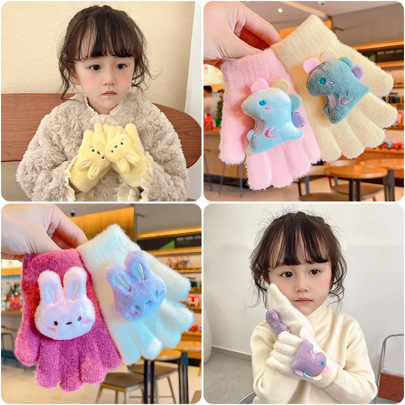 2023 New Children Winter Rabbit  Dinosaur Soft Knitting Five Finger Gloves Children Cute Outdoor Warm Gloves Kids Colors Gloves