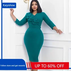 Polyester African Dresses for Women Elegant Autumn African 3/4 Sleeve V-neck Red Green Yellow Black Bodycon Dress With Belt