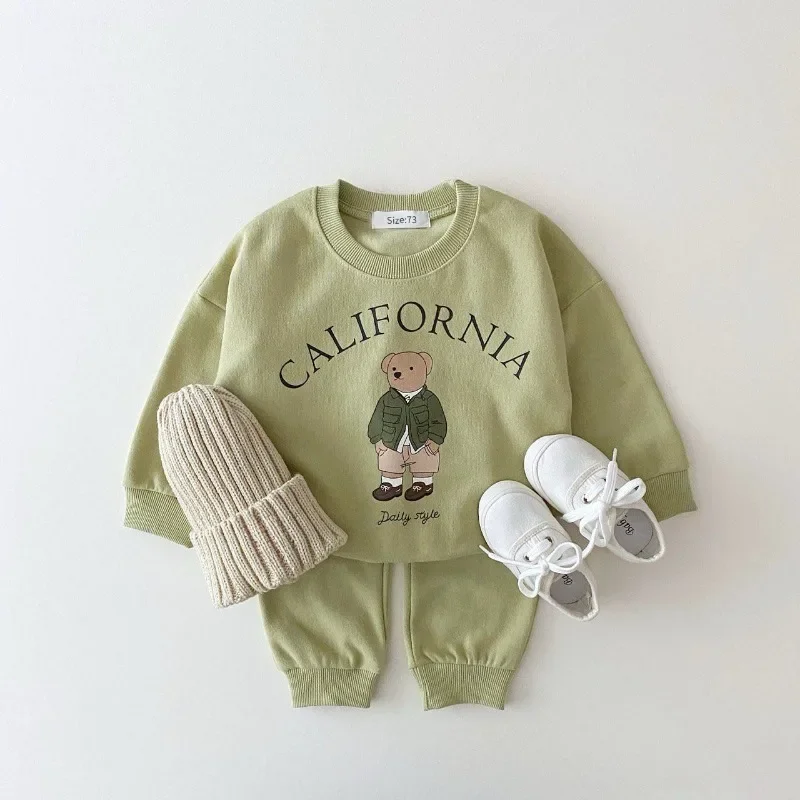 Korea 2023 Baby Boys Clothes Sets Letter Bear Girls Long Sleeve Casual Hoodie Sweatshirt+Pants 2pcs Kids Clothes Sports Suit New