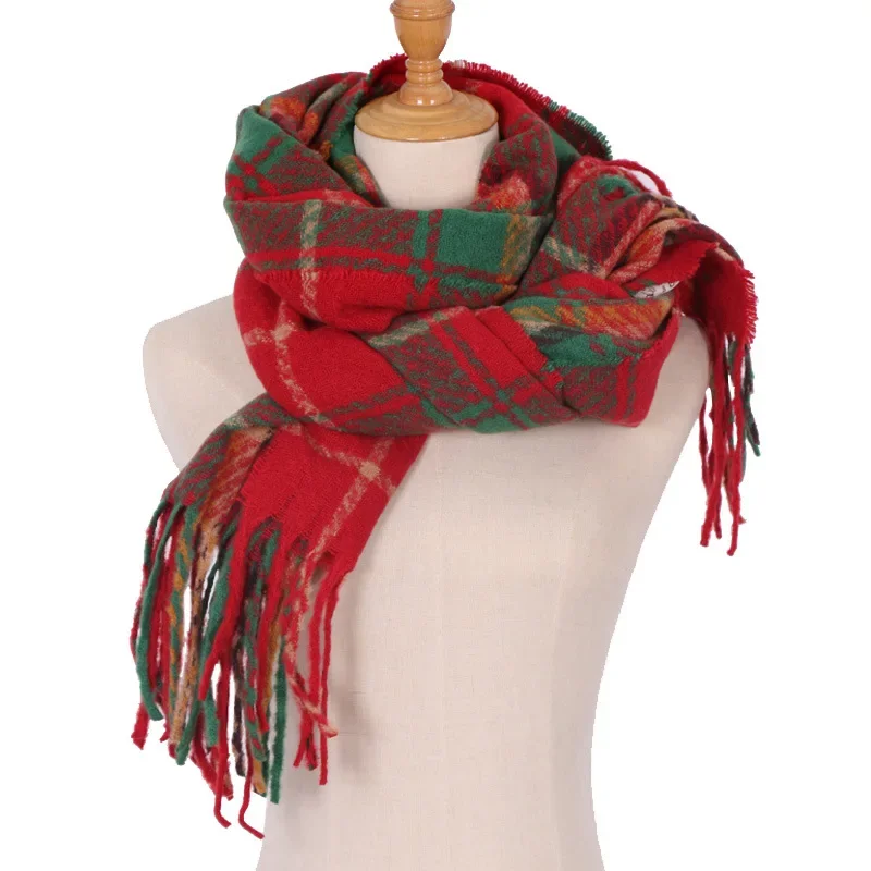 Classic Red Plaid Scarf in Winter Shawl Cashmere Imitation Christmas Red Gift Scarf Women Luxury Brand Desigual Thickened Warm