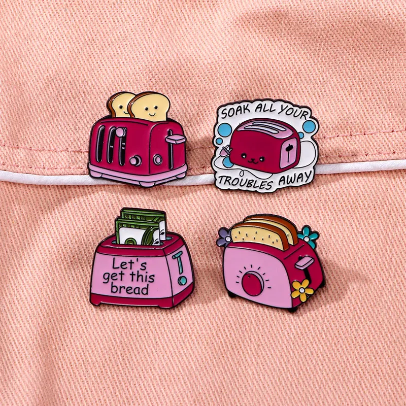 New Funny Pink Bread Maker Series Enamel Brooches Letter Soak All Your Troubles Away Toaster Design Pins For Women