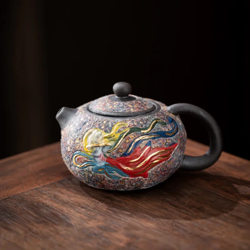 Rock Mine Teapot Purely Handmade Tea Maker Household Kung Fu Tea Set Creative Dunhuang Feitian Xishi Ball Hole Colorful Teapot