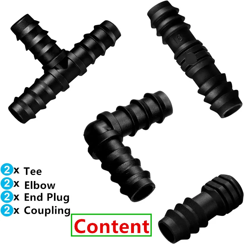8pcs Connector Set 16mm Drip Irrigation PE Pipe Barb Connector Tee Elbow End Plug 1/2'' 3/4