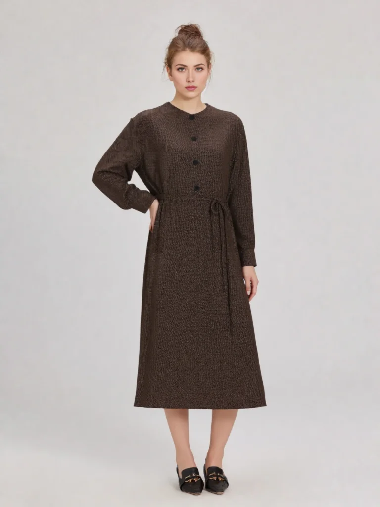 브랜드 스타일 단색 A라인 드레스 긴 소매 라운드 넥 여성 패션 봄 신상 미디 드레스 엄마 옷 루즈핏