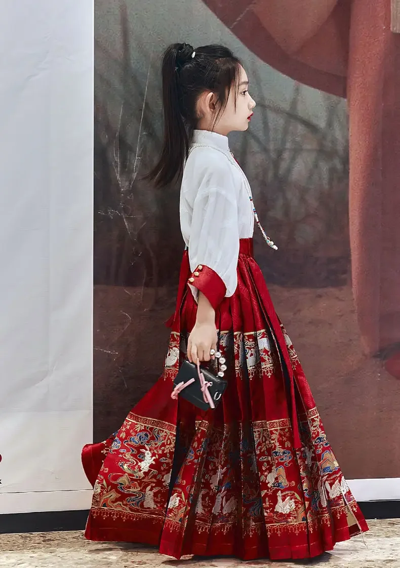 Chinese Hanfu Girls' Improved Horse Face Skirt Chinese Style Tang Suit Ancient Style Girls' Set Children's Ancient Suit Summer a