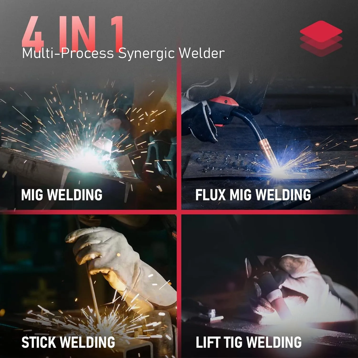 NEW Gas Gasless 160A multiprocess MIG Welder，Flux Cored/MIG/Lift TIG/Stick ARC Welder 4 in 1 Welding，Synergic Control 110V/220V