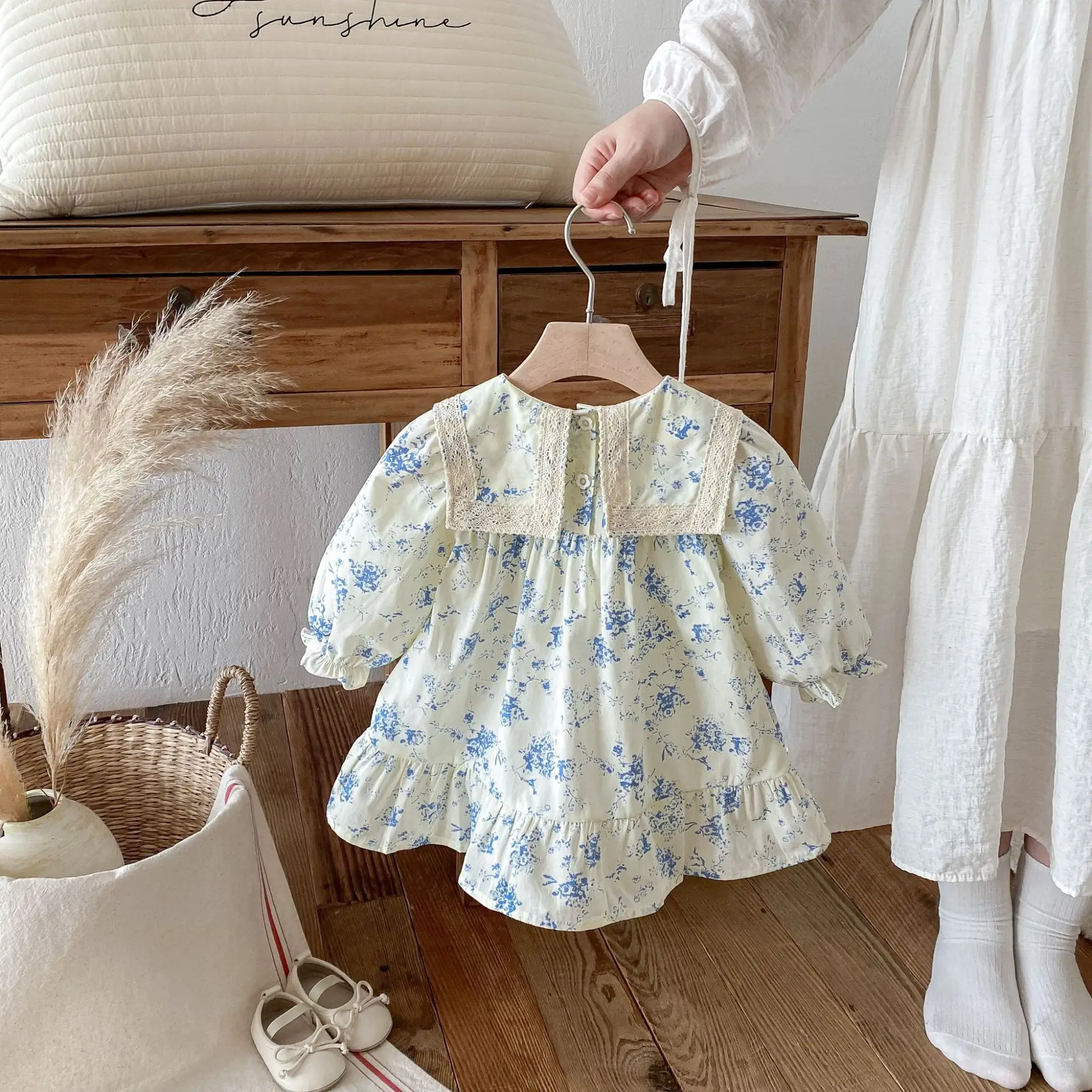 2026 Spring New Girls Long Sleeve Dress Cotton Baby Girl Cute Lapel Floral Dress Infant Princess Dress Toddler Clothes