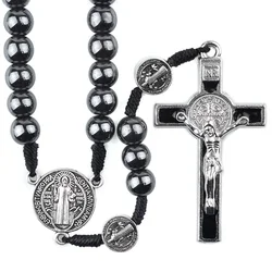 Catholic Rosary Car Ornament Black Hematite Bead Saint Benedict Medal Jesus Cross Auto Decor   Automotive Decal