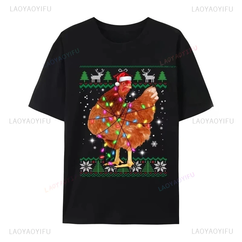 

Ugly Christmas Chicken Santa Hat Lights Xmas T-Shirts Natural Cotton Man Fashion T-Shirt Chicken Santa TEES Casual Tees