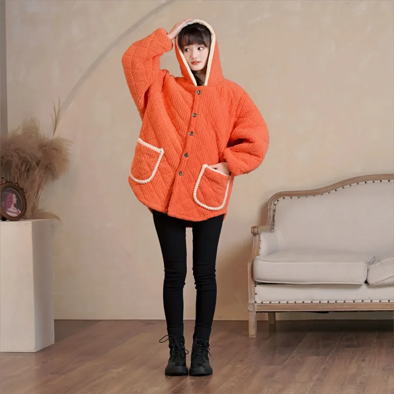 

New women's hooded single breasted coat Winter plus velvet cotton jacket Casual warm cotton coat