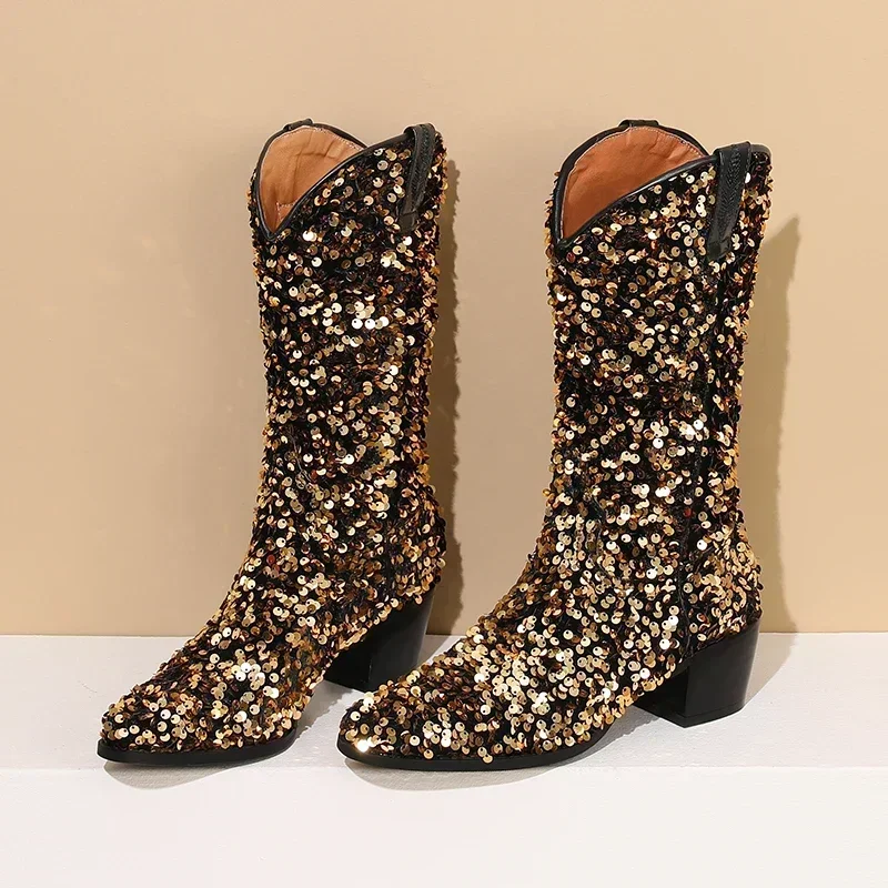 Bottes de cowgirl à enfiler mi-mollet pour femmes, bottes occidentales à paillettes, talons hauts et carrés, parka pointue, demi-bottes, or, rose, bleu, violet, bling