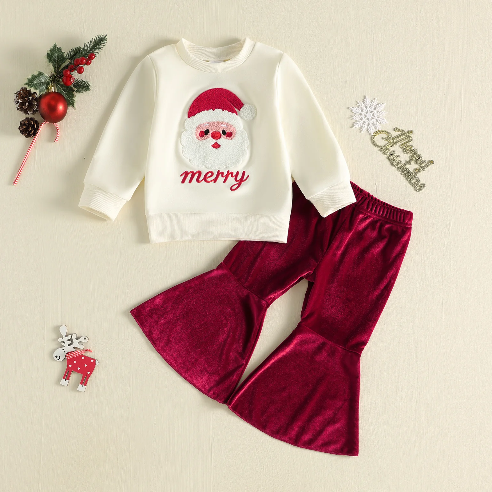 0-5Y Toddler Girls Christmas Outfits Embroidery Sweatshirt Velvet Flare Pants