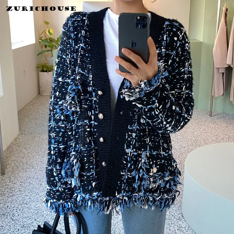 

ZURICHOUSE Vintage V-neck Women's Cardigan Knit Coat Fashion Contrast Color Long Sleeve Single Breasted Tassel Sweater Tops