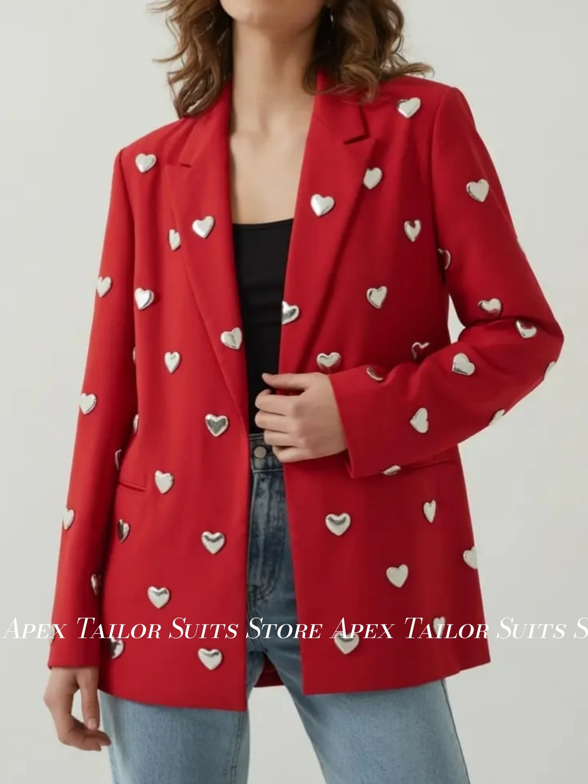 Fashion Women Red Blazer With Silver Heart Ornament Notched Lapel Open Front Long Sleeve Loose Streetwear Ladies Suit Coat