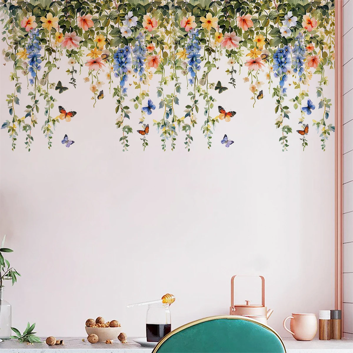1PC Modern Style Green Plants Vine Flowers DIY Removable Butterfly Art Mural Girl Living Room Office Classroom Home Decoration