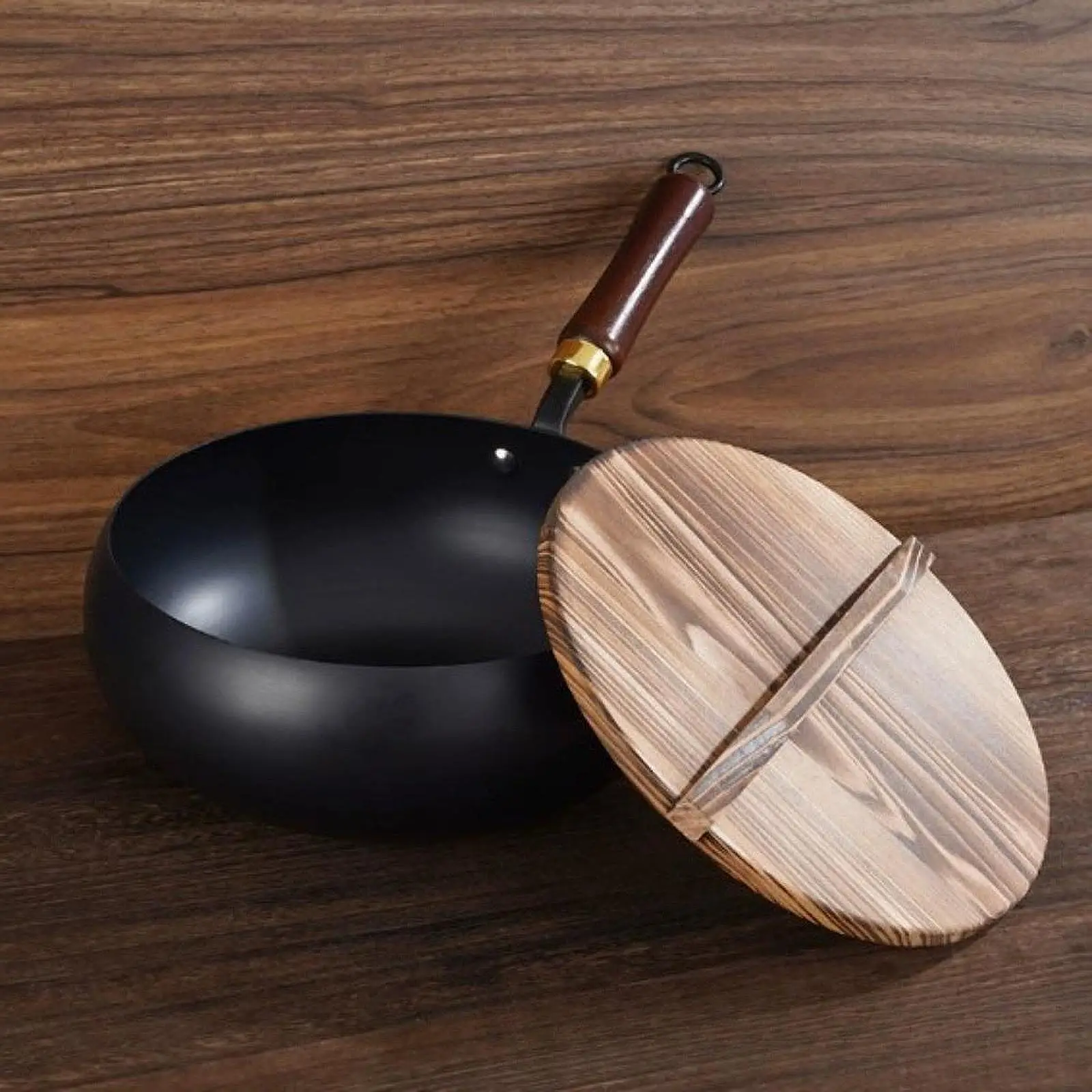 

Nonstick Wok with Wood Lid Cookware 9.45inch Stir Fry Pan Chinese Wok Cast Iron Wok Pan for Restaurant Camping Home Kitchen