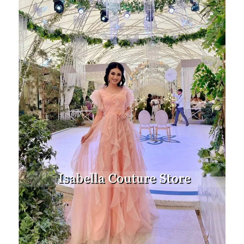 맞춤형 러플 이브닝 드레스 럭셔리 우아한 공식 여성 드레스 특별한 행사용 반소매 라운드 넥 파티