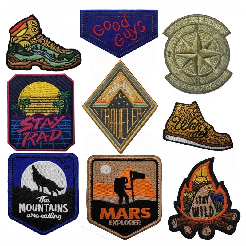 Holiday Camping Hook and Loop Patches for Clothing Compass The Mountains Fire Morale Badges on Backpack Hat Embroidered Patch