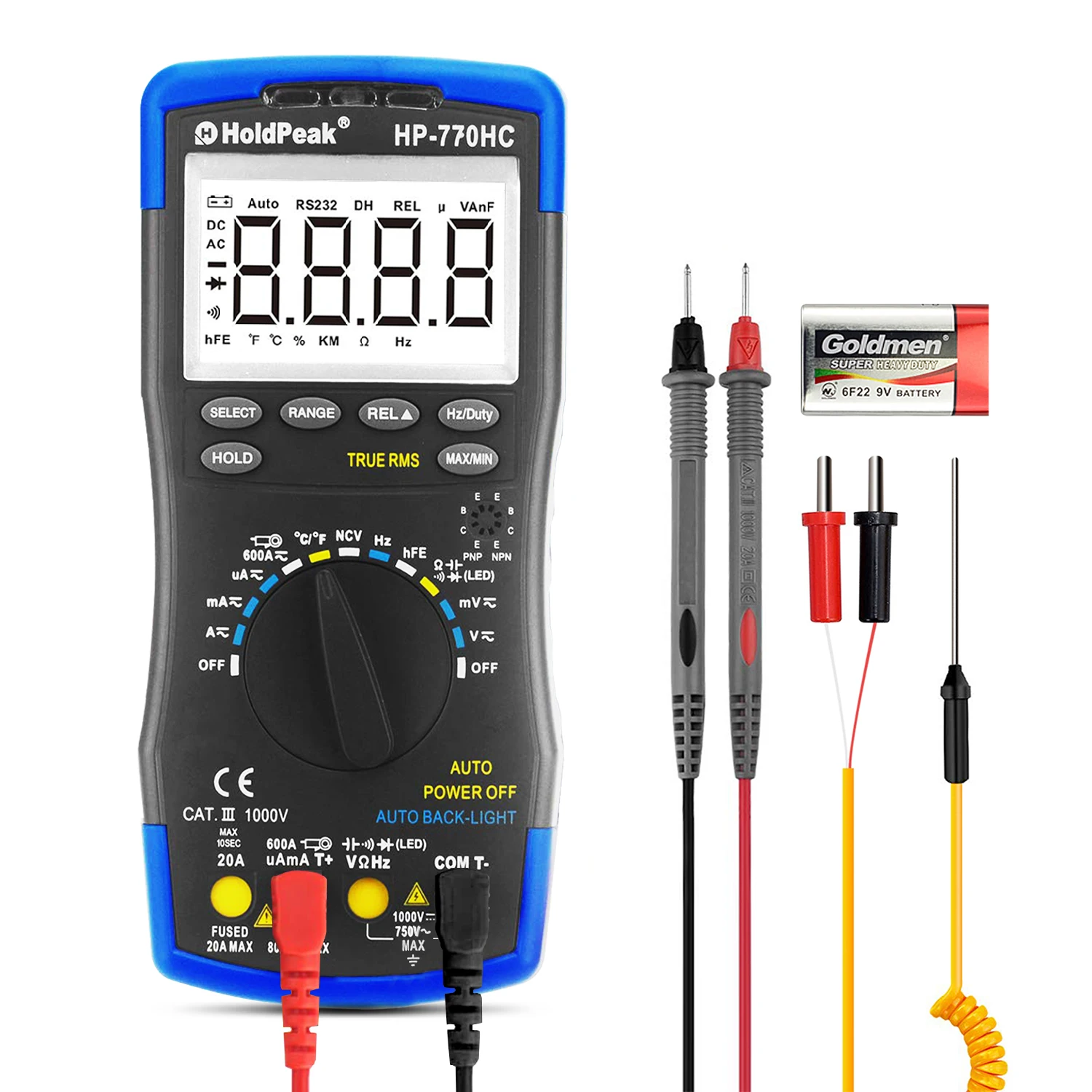 

HoldPeak HP-770HC TRMS6000 Auto-Ranging Digital Multimeter Wide Range Chip/Multifunctional Measurement/Mechanical Protection