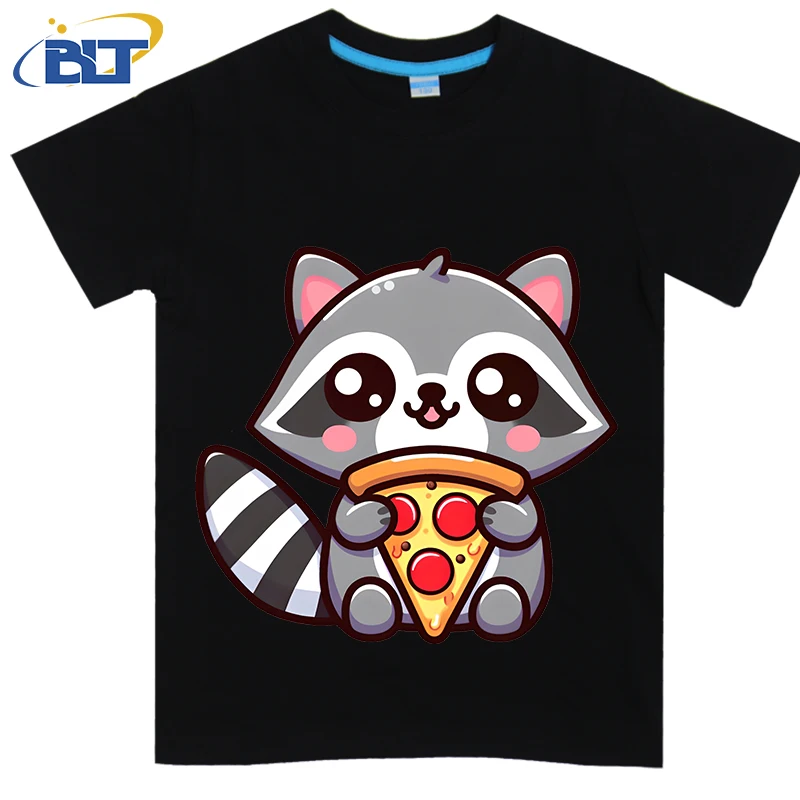 Pizza Raccoon printed kids T-shirt summer pure cotton short-sleeved casual top suitable for both boys and girls