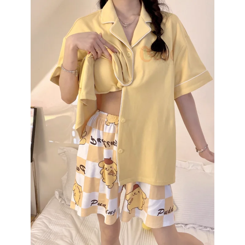 Sanrio pudding dog silk pajamas women\'s summer ice silk short-sleeved three-piece set women\'s pajamas homewear pajamas pants set