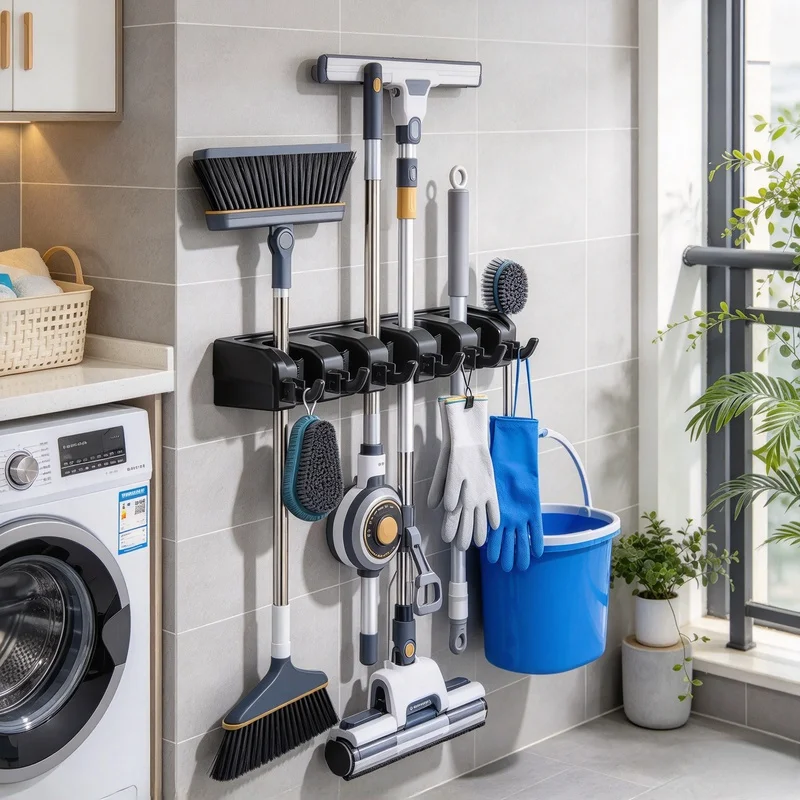 Black Magic Mop Holder Wall Mount, Multi Position Broom Hanger Shelf for Kitchen Garage Tool Storage