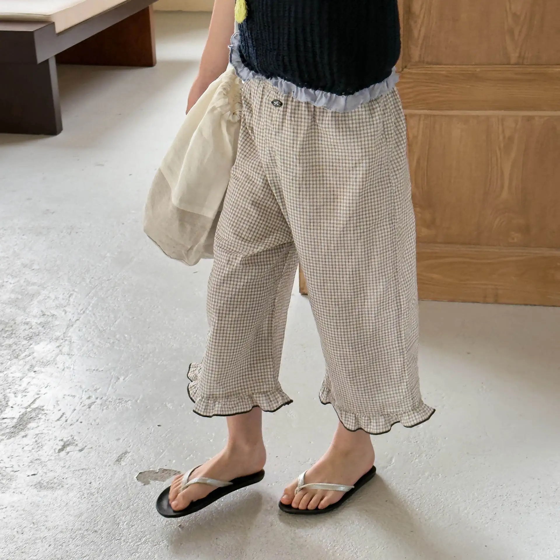 2026 New Summer Baby Girls Plaid Ankle-length Pants Ruffles Thin Korean Style Children Cotton Linen Trousers 5