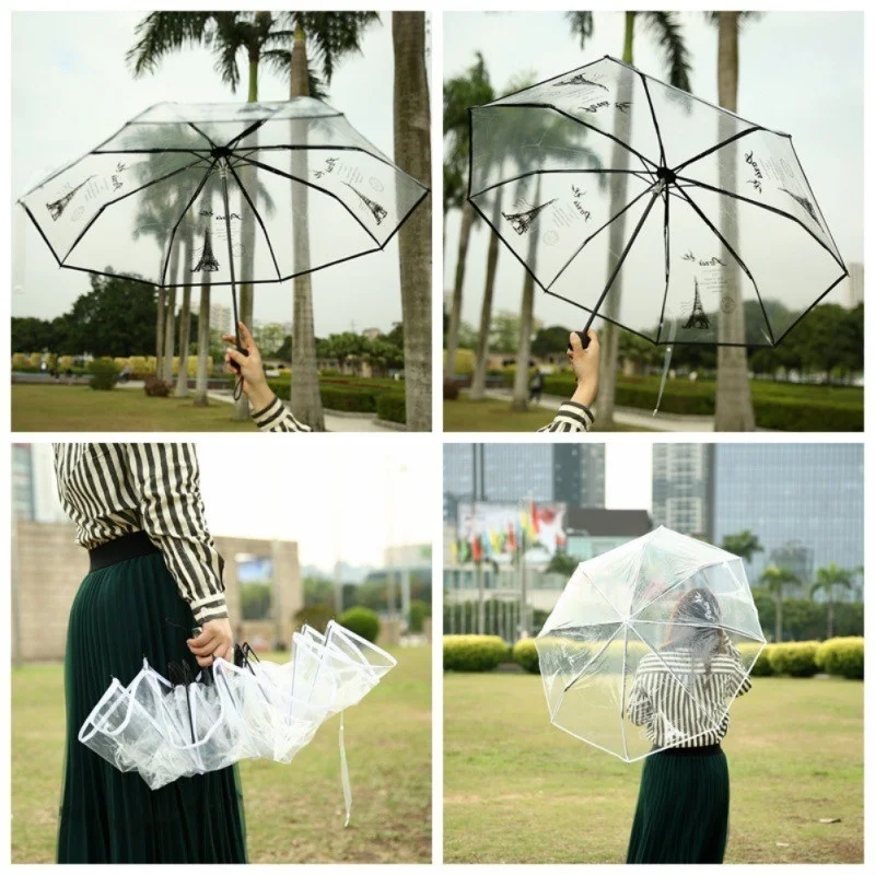 EVA transparent print umbrella paris tower 8K perspective three folding umbrella non-automatic girl rain tools White Blac