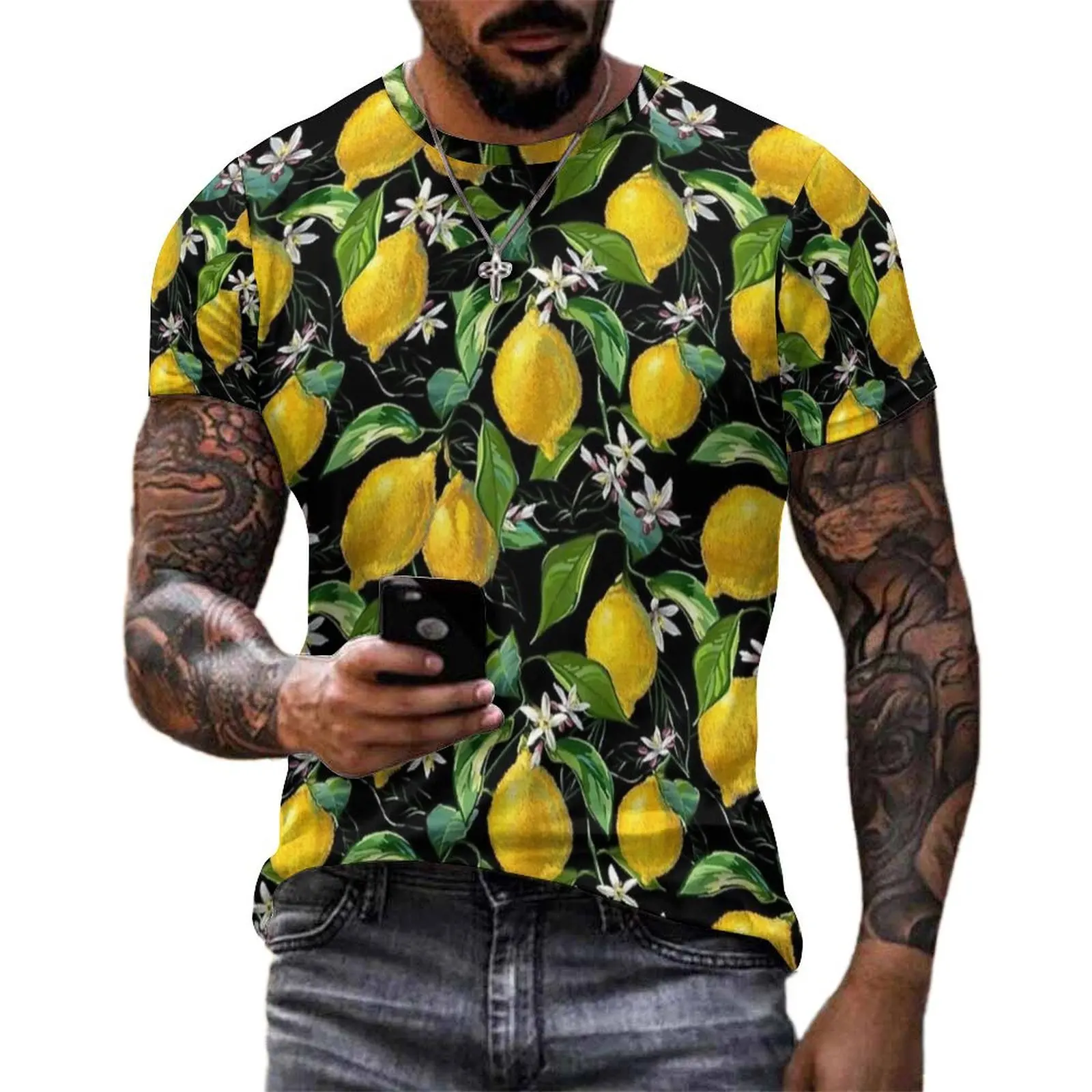 Black Lemon Blossom Print T-Shirt  Trendy T Shirts Man Basic Tee Shirt Summer Short Sleeve Graphic Tops Big Size 5XL 6XL