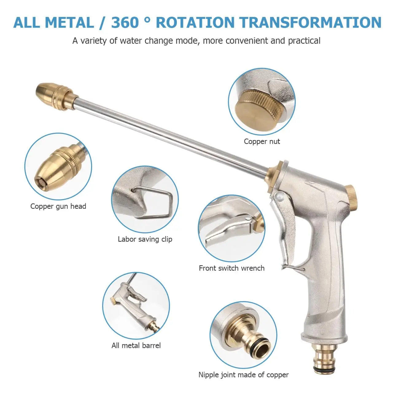 Long and heavy duty high pressure manual metal brass nozzle spray gun, adjustable pressure 5MPa, adjustable spray method