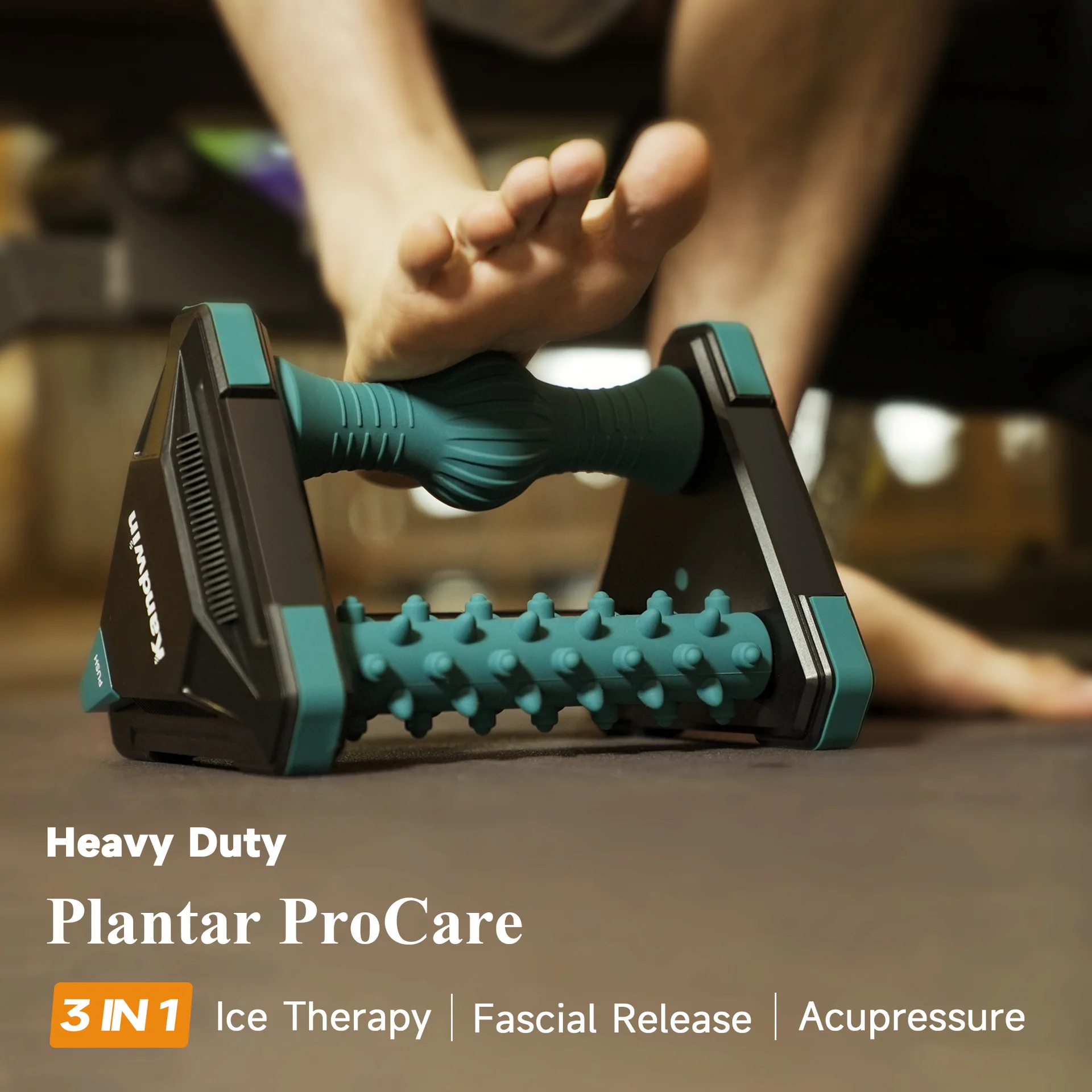 Foot massager with ice compress to relieve plantar fascia and foot pain. Three in one massage for foot and heel pain