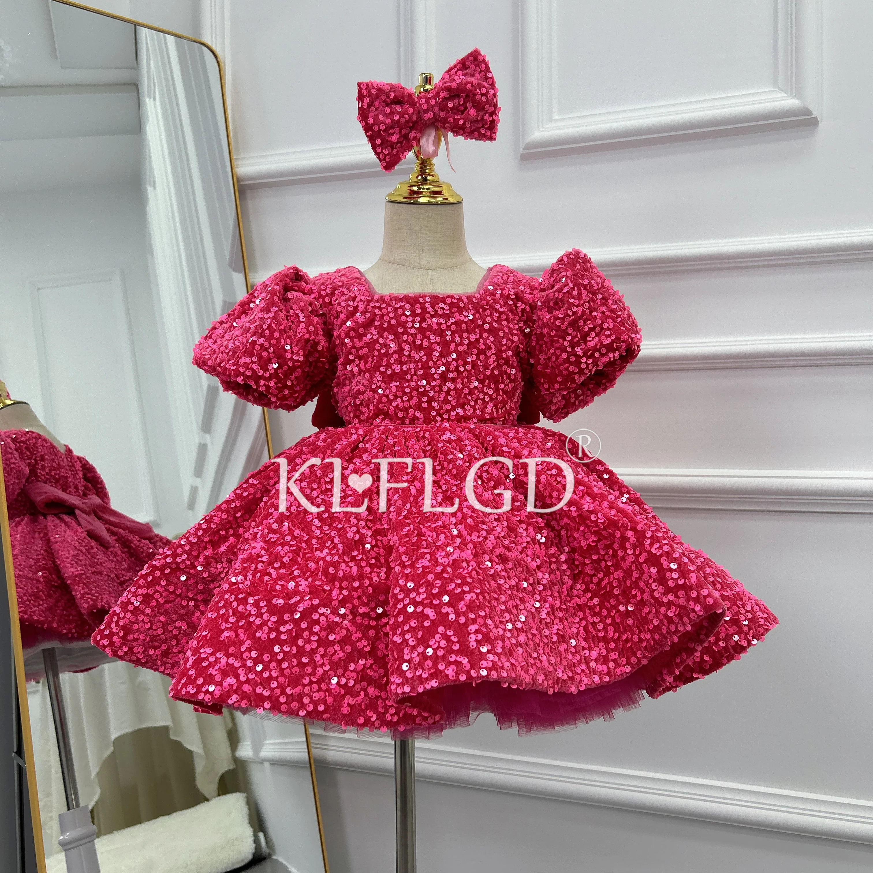 

KLFLGD Toddler Pageant Dress Velvet Bubble Sleeves Big Bow Girl Party Dress Flower Girl Wedding Dress Girl Carnival Evening Dres