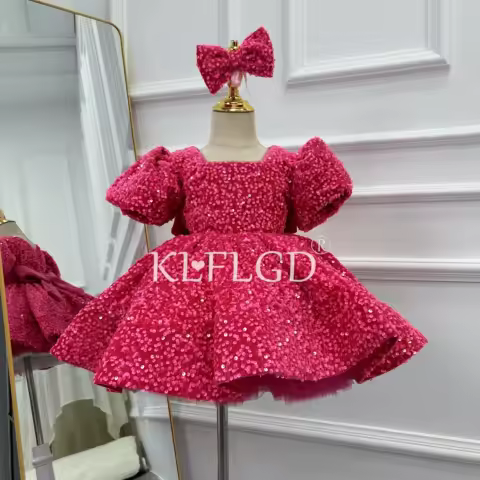 KLFLGD Toddler Pageant Dress Velvet Bubble Sleeves Big Bow Girl Party Dress Flower Girl Wedding Dress Girl Carnival Evening Dres