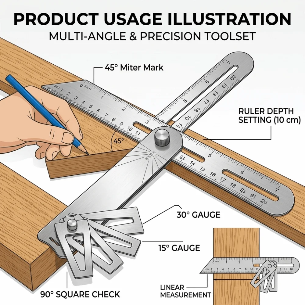 High Accuracy Woodworking Scriber Ruler Movable Angle Multifunctional T-Shape Scribing Tool Adjustable Multi-Angle