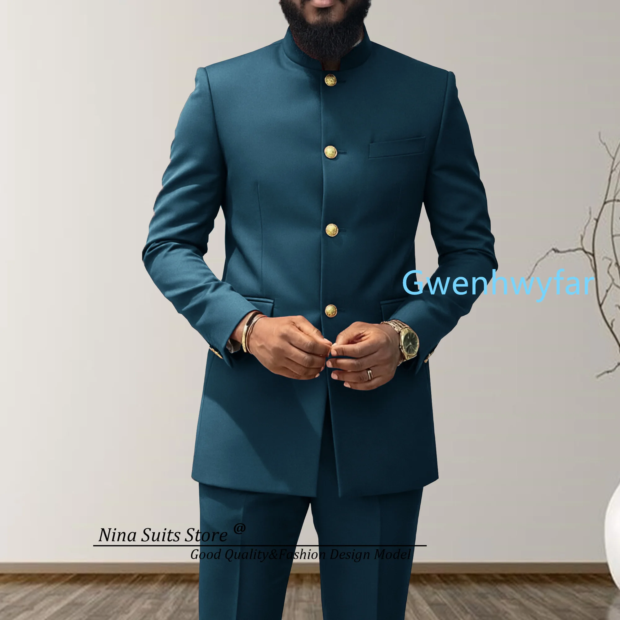 G&N 2027 Men's African Style Suit 2-Piece Set Stand Collar Peacock Blue Elegant Men's Party Jacket And Pants Customizable Size