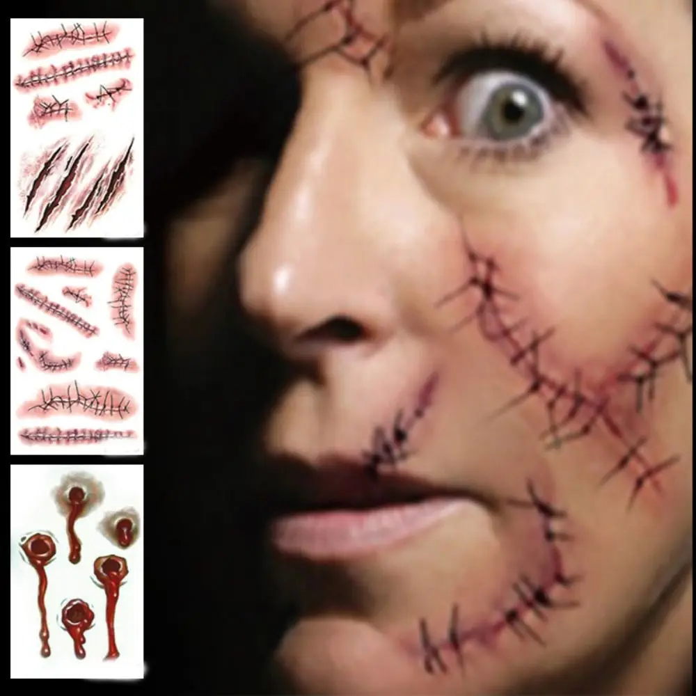 

30Sheets Big Mouth Halloween Tattoo Stickers Disposable Zombie Face Sticker Bloody Makeup Cosplay Props Body Art Stickers