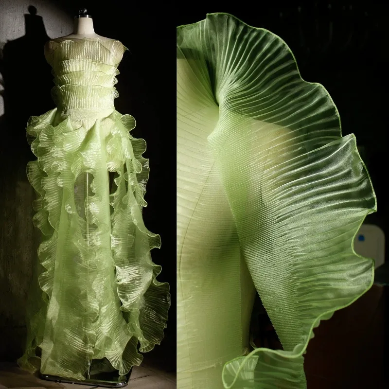 1meter Light Green Tulle Ruffle Trim 3D Floral Lace Crinkled Heavy Work for Wedding Dress Gown Trailing Designer DIY Sewing