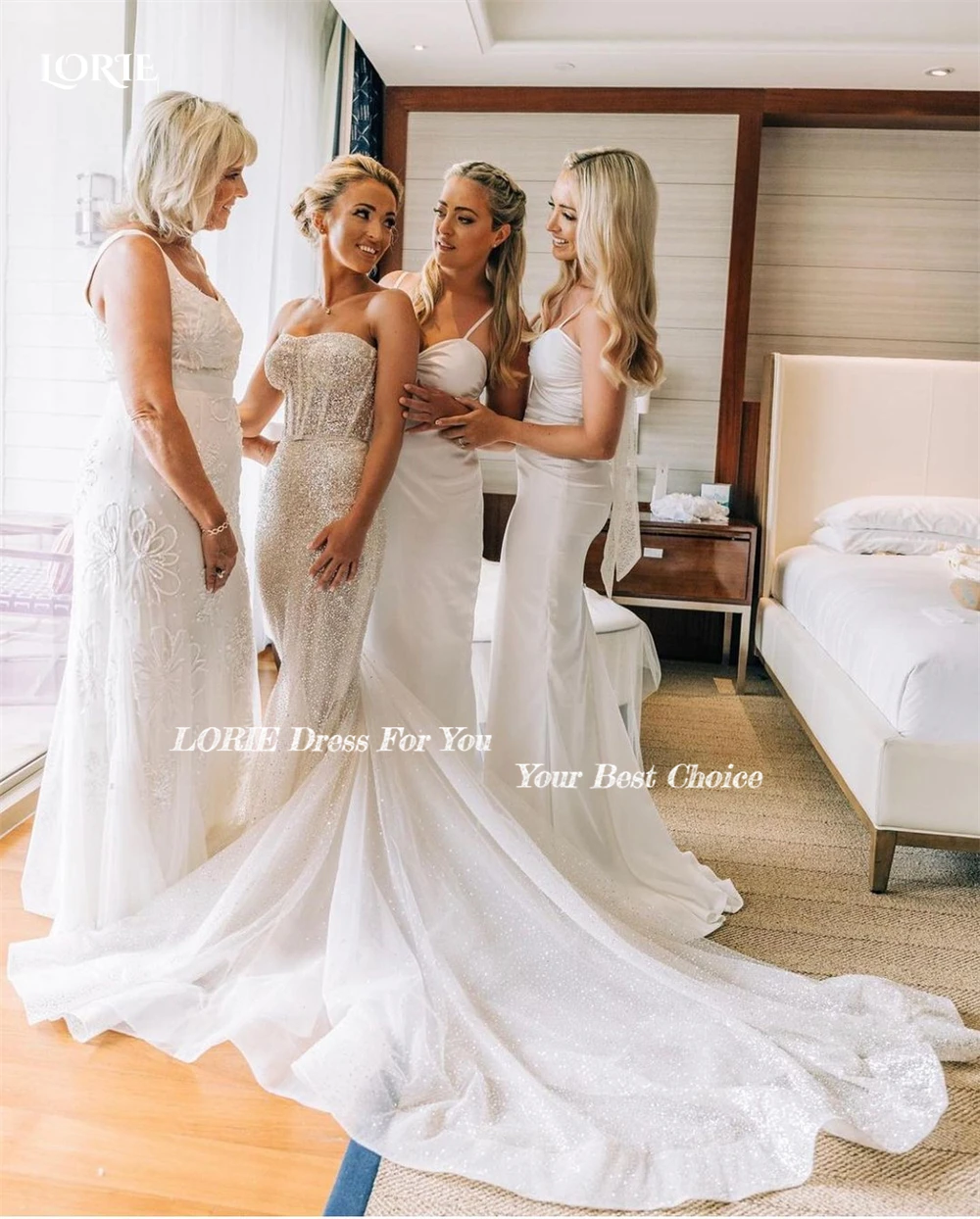 LORIE Glitter Mermaid Wedding Dresses Off Shoulder Sweetheart Shiny Bridal Gowns Sparkly With Puffy Tulle Train Bride Dress 2022