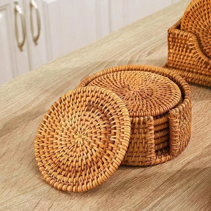 Natural Cup Mat With Storage Box Hand Woven Placemat Braided Mat Heat Resistant Natural Rattan Hot Insulation Anti-Skidding Pad