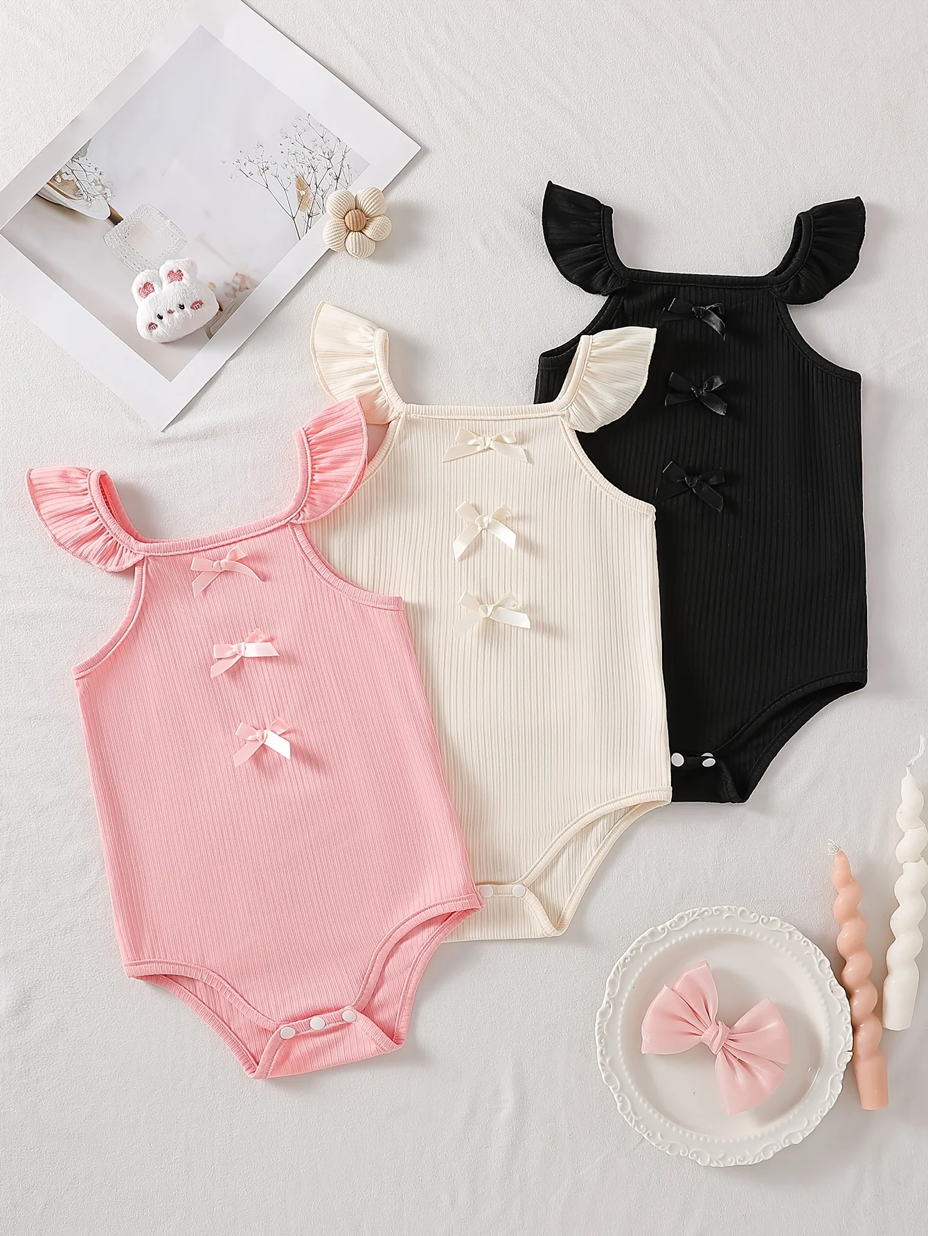 

Baby Girl Sleeveless Triangle Bodysuit 3-Piece Set: Ruffle & Bow Decor. Ideal Valentine & Baby Girl Birthday Gift