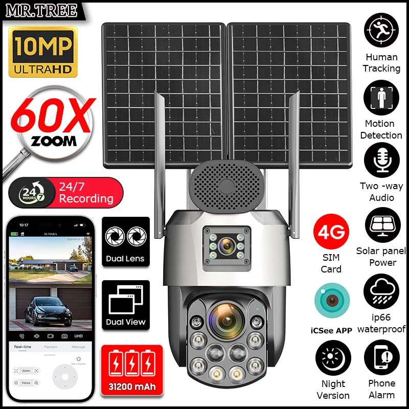 

iCsee 4G 25 Вт солнечные наружные камеры наблюдения 4K 60X оптический зум автоматическое отслеживание 31200 мАч 24/7 запись PTZ IP-камера безопасности