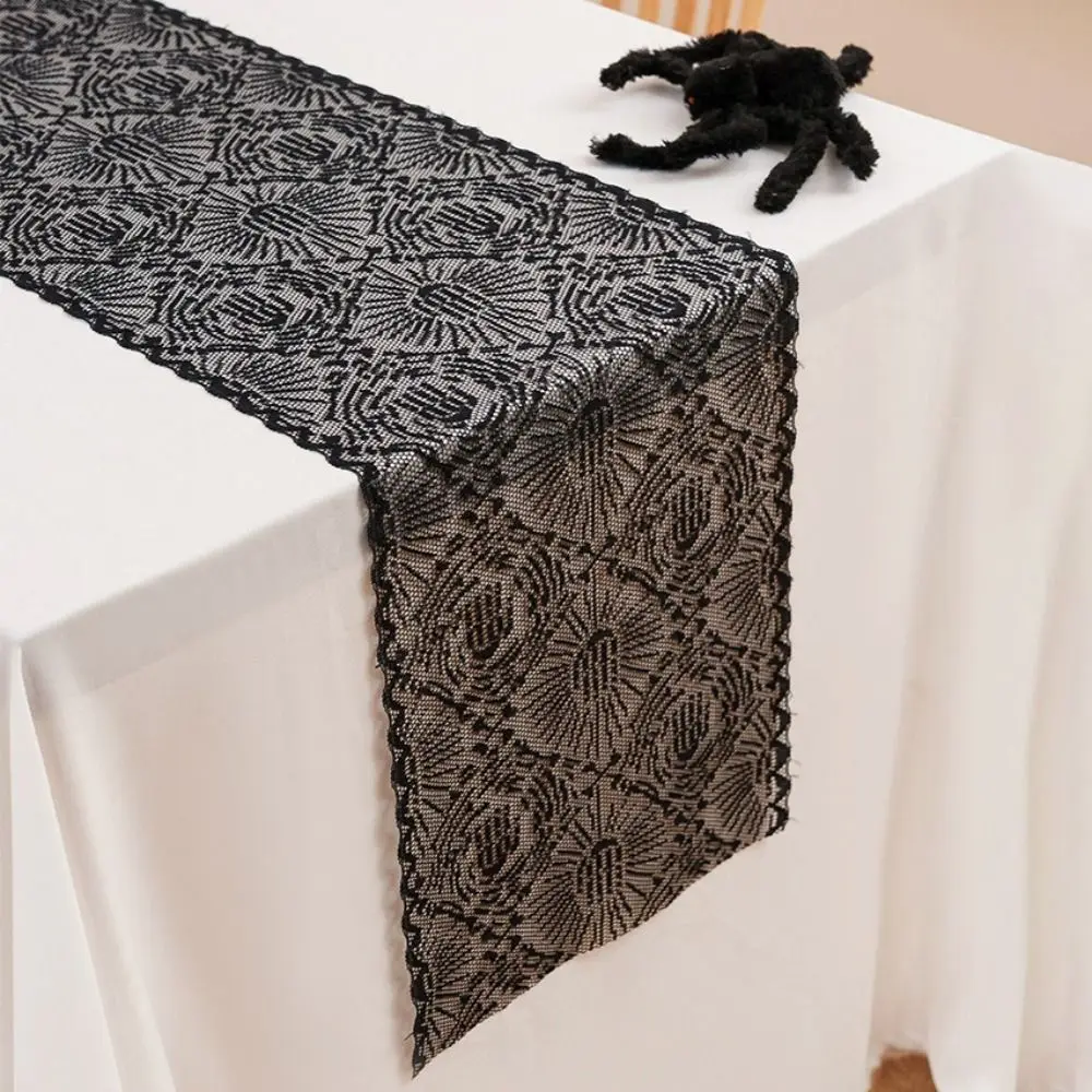 Cover Black Color Halloween Runner Long Length Lace Material Spider Web Runner Gothic Style Black Lace Runner Party