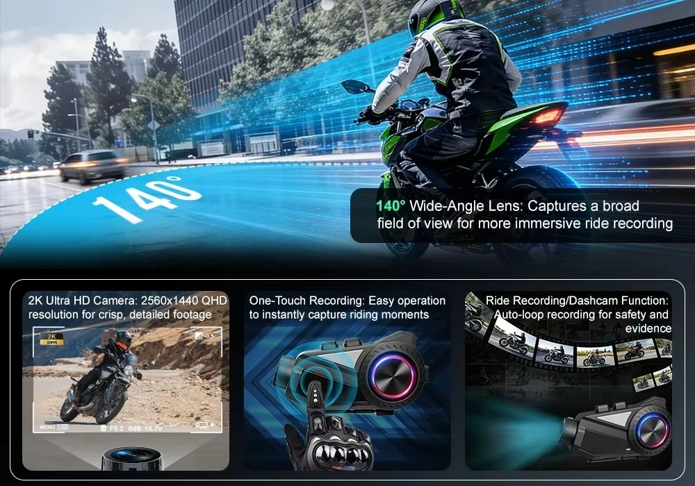 R3 PRO V2 Bluetooth 5.1 Motorcycle Bluetooth Walkie-Talkie with One-Click Networking for 6 People and Includes Dashcam