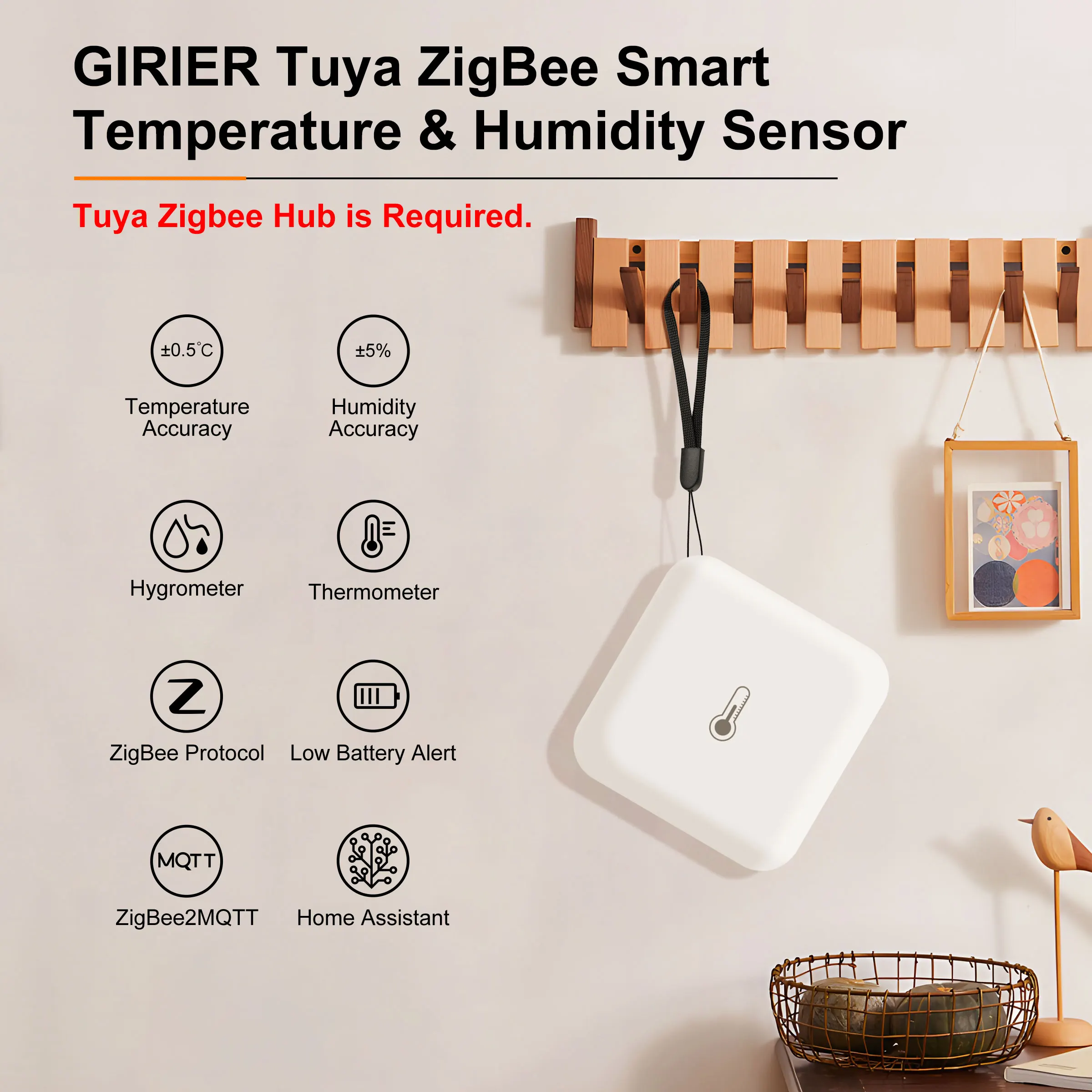 GIRIER-Sensor de temperatura y humedad para interiores, higrómetro inalámbrico, compatible con Alexa, Hey, Google, ZigBee2MQTT, Tuya Smart ZigBee