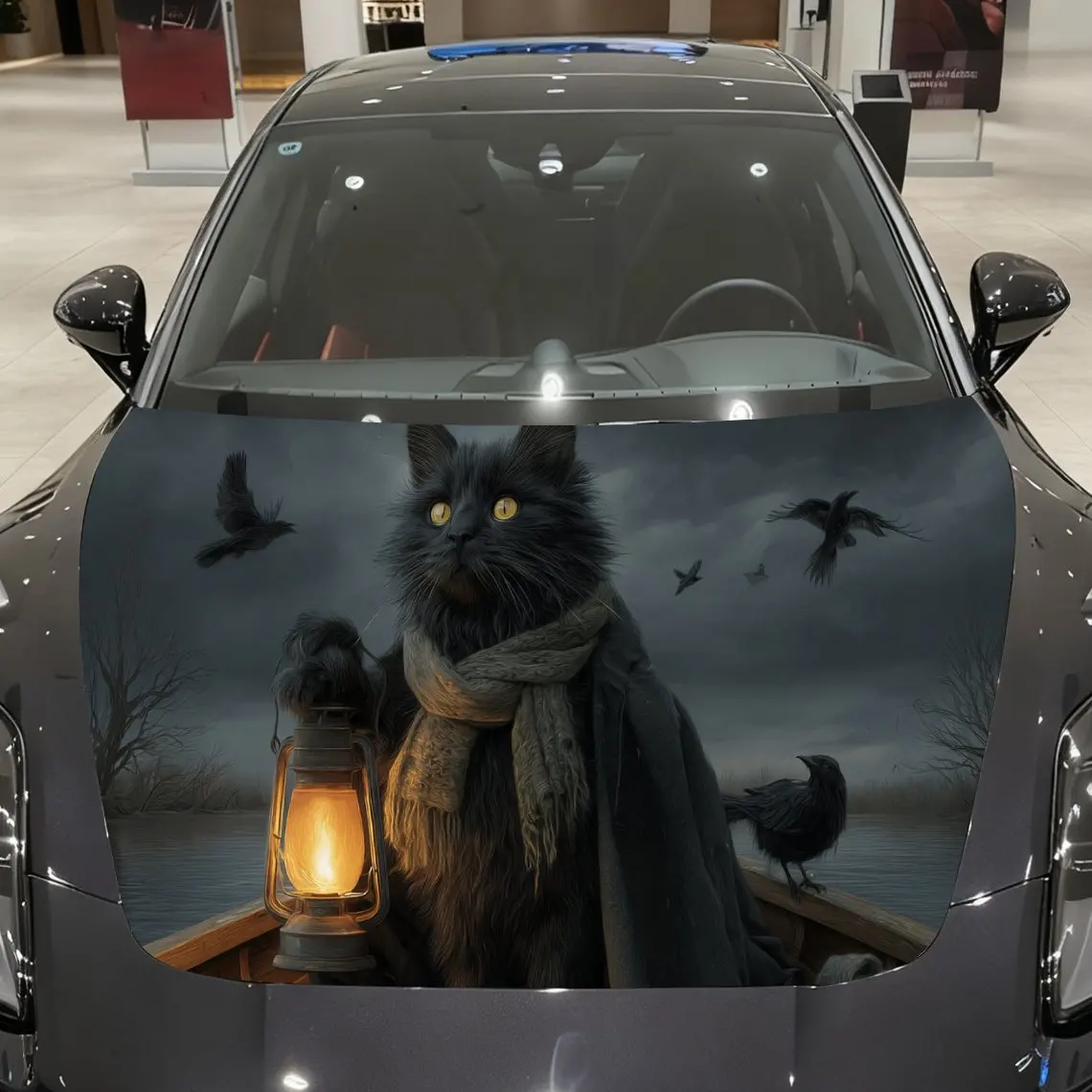 

Night-traveling Lantern-carrying Cat Print car hood stickers, waterproof self-adhesive, scratch resistant, easy to stick, durabl