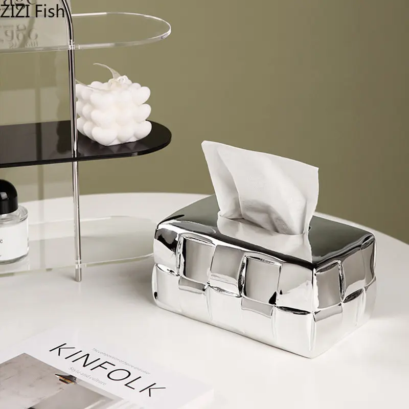 Asymmetric Grid Silver Plated Tissue Box Creative Decorative Paper Towel Case Coffee Table Desktop Tissue Boxes Modern Decor