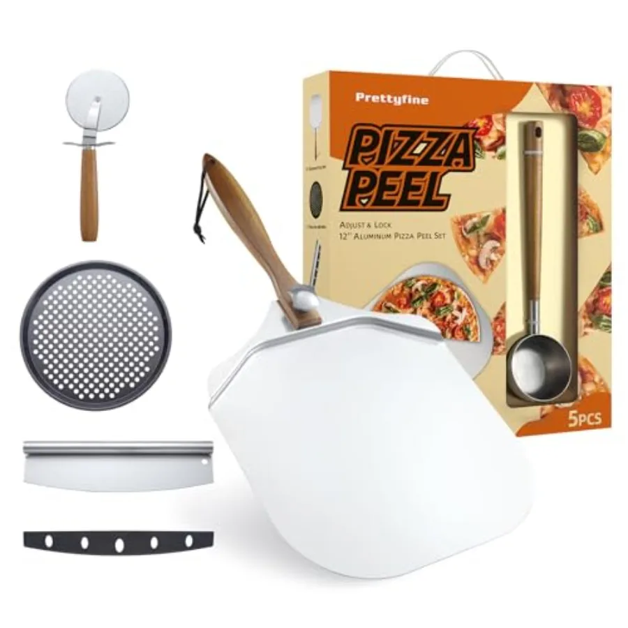 

5 PCS Aluminum Pizza Peel Set Metal Spatula with Foldable Wood Handle Sauce Spoon and Pizza Rocker Cutter Perfect for Baking Do