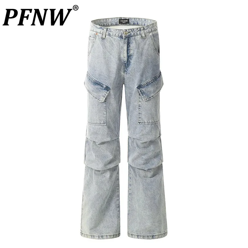 

PFNW Niche Design Men's Cargo Straight Jeans High Street Worn-out Loose Fiting Wide Leg Denim Pants Male 2024 Summer 28W3516