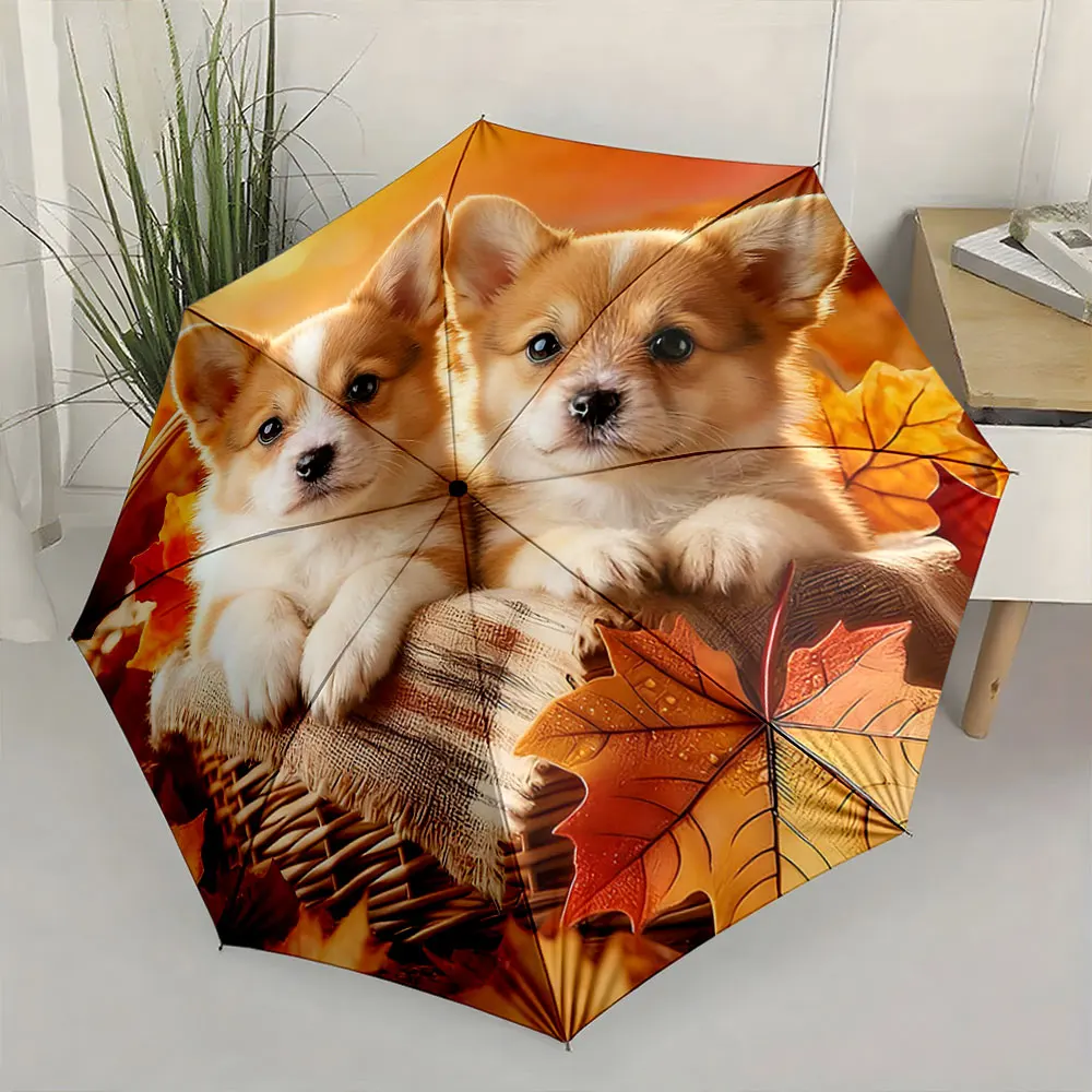 1PC Adorable Puppies on a Fall-Themed Umbrella Design Print 8 Iron Ribs Folding Umbrella Auto-Open Fashion Sunshade